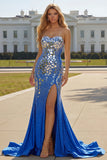 Red Strapless Mermaid Beaded Side Slit Long Prom Dress with Mirror