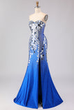 Royal Blue Mermaid Strapless Beaded Side Slit Long Prom Dress with Mirror