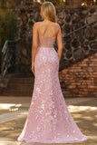 Sparkly Blush Mermaid Sheer Corset Beaded Long Prom Dress with Sequins