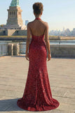 Sparkly Burgundy Mermaid Halter Sequin Long Prom Dress with Slit