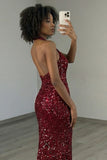 Sparkly Burgundy Mermaid Halter Sequin Long Prom Dress with Slit