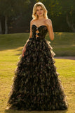 Pink Flower A-Line Cut Out Strapless Tiered Ruffle Long Prom Dress with Bows