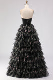 Black Tiered Ruffle A-Line Strapless Cut Out Long Prom Dress with Bows