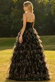 Pink Flower A-Line Cut Out Strapless Tiered Ruffle Long Prom Dress with Bows