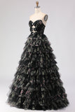 Black Tiered Ruffle A-Line Strapless Cut Out Long Prom Dress with Bows