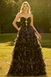 Pink Flower A-Line Cut Out Strapless Tiered Ruffle Long Prom Dress with Bows