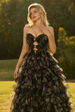 Pink Flower A-Line Cut Out Strapless Tiered Ruffle Long Prom Dress with Bows
