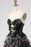 Black Tiered Ruffle A-Line Strapless Cut Out Long Prom Dress with Bows