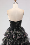 Black Tiered Ruffle A-Line Strapless Cut Out Long Prom Dress with Bows