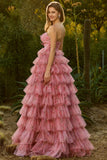 Pink Flower A-Line Cut Out Strapless Tiered Ruffle Long Prom Dress with Bows