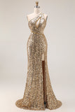 Sparkly One Shoulder Cut Out Mermaid Golden Sequin Long Prom Dress with Slit