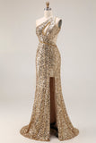 Sparkly One Shoulder Cut Out Mermaid Golden Sequin Long Prom Dress with Slit