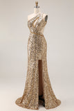 Sparkly Sequins Silver One Shoulder Mermaid Long Formal Dress with Slit