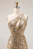 Sparkly One Shoulder Cut Out Mermaid Golden Sequin Long Prom Dress with Slit