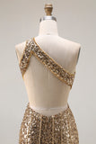 Sparkly One Shoulder Cut Out Mermaid Golden Sequin Long Prom Dress with Slit