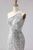 Sparkly One Shoulder Cut Out Mermaid Golden Sequin Long Prom Dress with Slit