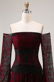 Black Red Off the Shoulder Printed A-Line Prom Dress with Long Sleeves