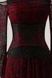 Black Red Off the Shoulder Printed A-Line Prom Dress with Long Sleeves