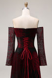 Black Red Off the Shoulder Printed A-Line Prom Dress with Long Sleeves