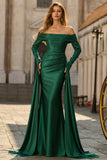 Dark Green Mermaid Off The Shoulder Satin Long Prom Dress with Long Sleeve
