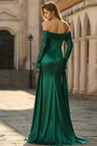 Dark Green Mermaid Off The Shoulder Satin Long Prom Dress with Long Sleeve