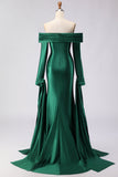 Dark Green Mermaid Off The Shoulder Satin Long Prom Dress with Long Sleeve