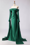 Dark Green Mermaid Off The Shoulder Satin Long Prom Dress with Long Sleeve