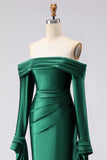 Dark Green Mermaid Off The Shoulder Satin Long Prom Dress with Long Sleeve