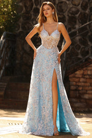 Blue Sequins A Line Sheer Corset 3D Flowers Long Prom Dress with Slit