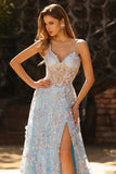 Blue Sequins A Line Sheer Corset 3D Flowers Long Prom Dress with Slit