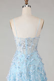 Blue Sequins A Line Sheer Corset Appliqued Long Prom Dress with Slit