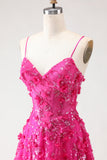 Fuchsia A Line Sequins Sheer Corset 3D Flowers Long Prom Dress with Slit