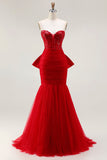 Glitter Red Mermaid Sweetheart Corset Sequin Ruched Long Prom Dress with Bow
