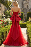 Glitter Red Mermaid Sweetheart Corset Sequin Ruched Long Prom Dress with Bow
