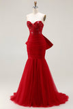Glitter Red Mermaid Sweetheart Corset Sequin Ruched Long Prom Dress with Bow