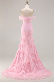 Pink 3D Flowers Off the Shoulder Mermaid Prom Dress