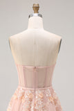 Blush Floral Tulle A-Line Appliqued Long Corset Formal Dress with Sequins