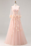 Blush Floral Tulle A-Line Appliqued Long Corset Formal Dress with Sequins