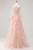 Blush Floral Tulle A-Line Appliqued Long Corset Formal Dress with Sequins