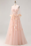 Blush Floral Tulle A-Line Appliqued Long Corset Formal Dress with Sequins