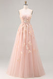 Blush Floral Tulle A-Line Appliqued Long Corset Formal Dress with Sequins