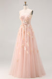 Blush Floral Tulle A-Line Appliqued Long Corset Formal Dress with Sequins