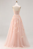 Blush Floral Tulle A-Line Appliqued Long Corset Formal Dress with Sequins