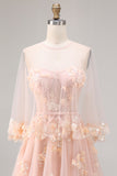 Blush Floral Tulle A-Line Appliqued Long Corset Formal Dress with Sequins