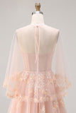 Blush Floral Tulle A-Line Appliqued Long Corset Formal Dress with Sequins