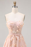 Blush Floral Tulle A-Line Appliqued Long Corset Formal Dress with Sequins