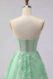 Blush Floral Tulle A-Line Appliqued Long Corset Formal Dress with Sequins