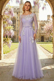 Lilac A Line Corset Appliqued Tulle Long Prom Dress with Long Sleeves
