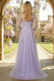 Lilac A Line Corset Appliqued Tulle Long Prom Dress with Long Sleeves