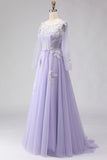 Lilac A Line Corset Appliqued Tulle Long Prom Dress with Long Sleeves